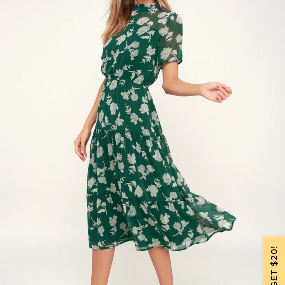 Lulus Floral Dressed Up Dark Green Floral Print Midi Dress